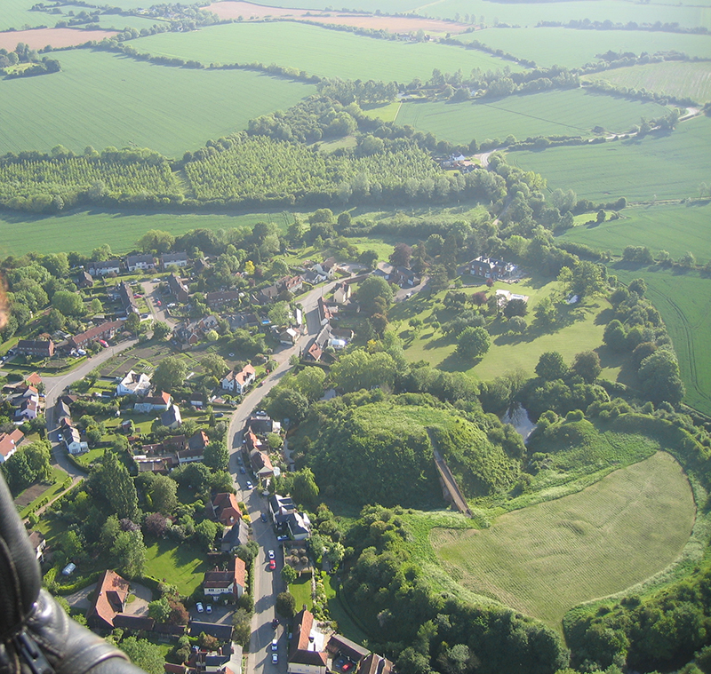 The remains of the 11th Century Norman castle at Pleshey are a great view on a balloon ride from Newland Hall or other of our Essex Balloon ride take off sites near Chelmsford.