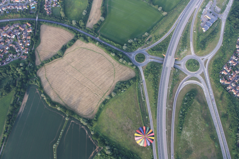 Even from above you can see the distinctive colour of our hot air balloon as it drifts past Braintree near to the A12 interchange with Pod&rsquo;s Brook Road near Notley Green.