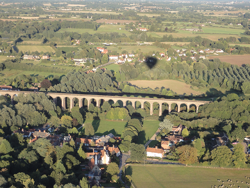 The Chapple Viaduct stands an impressive 80 feet above the Colne Valley and is the second largest brick built structure in the country. A listed building, it spans over 1000 feet in length and is easily seen from a distance on our hot air balloon rides over Essex. It&rsquo;s considerable history can be enjoyed at
http://www.chappel.org/cpc_62.shtml