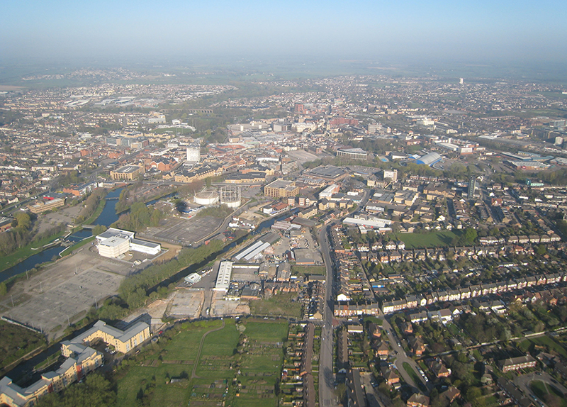 Aerial view of&nbsp;Chelmsford&nbsp;on a morning hot air balloon ride looking from the South East. You can see the railway viaduct with the grounds of&nbsp;Writtle&nbsp;College&nbsp;around it, the River Chelmer and the River and Lockside Marina in this aerial picture